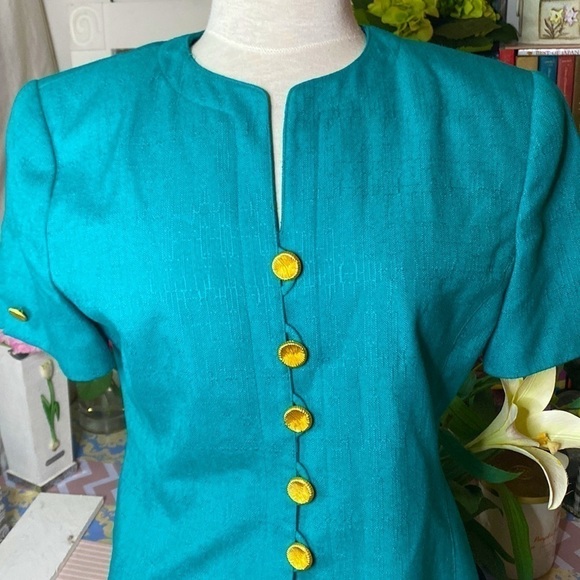 🌷 Casual Corner🌷 Vintage Turquoise Gold Button Blazer & Skirt Set Petite - Picture 4 of 10
